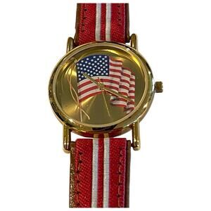 Unisex VALDAWN American Flag Patriotic 4th of July Gold Tone Watch, 33mm Leather